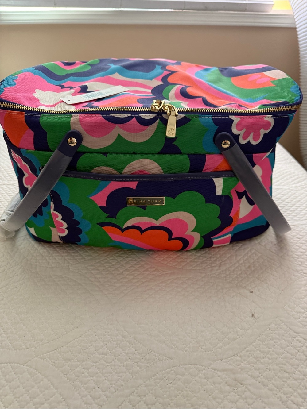 Trina Turk Bright Floral Print Large insulated Cooler Tote in Pink, Green & Blue